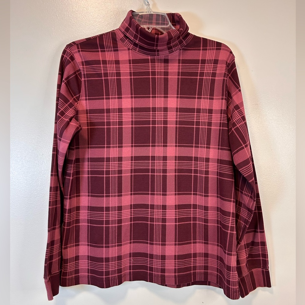 L.L. Bean Interlock‎ Plaid PlumPink Turtleneck Long Sleeve Women’s Large Regular